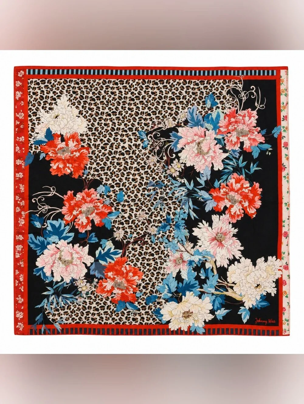 Johnny Was 100% Silk Leopard & Floral Square Scarf 44